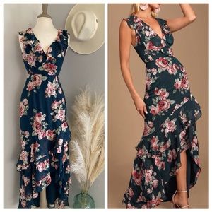❤️ Lulus Secret Romance Dark Green Floral Print High-Low Maxi Dress
